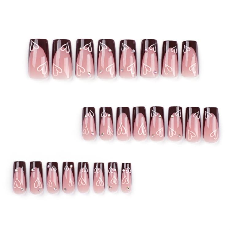 Valentine’s Day Medium Square Press On Nail with Brown French Heart Designs Stick On Nail Decoration for Women