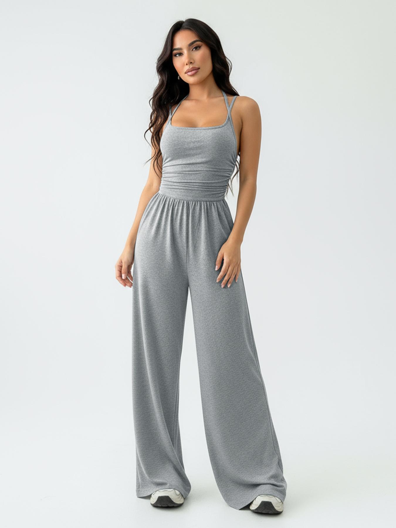 

Black Camisole Waist Cinching Wide Leg Jumpsuit Set Women Fashion Style XL світло-сірого кольору