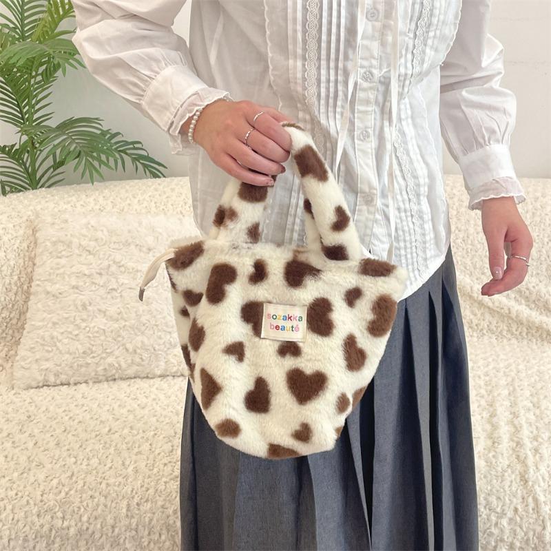 11 Neue Winter Plüschtasche Damen Bento Tasche Punktmuster Einkaufshandtasche für die Arbeit Pendlerhandtasche