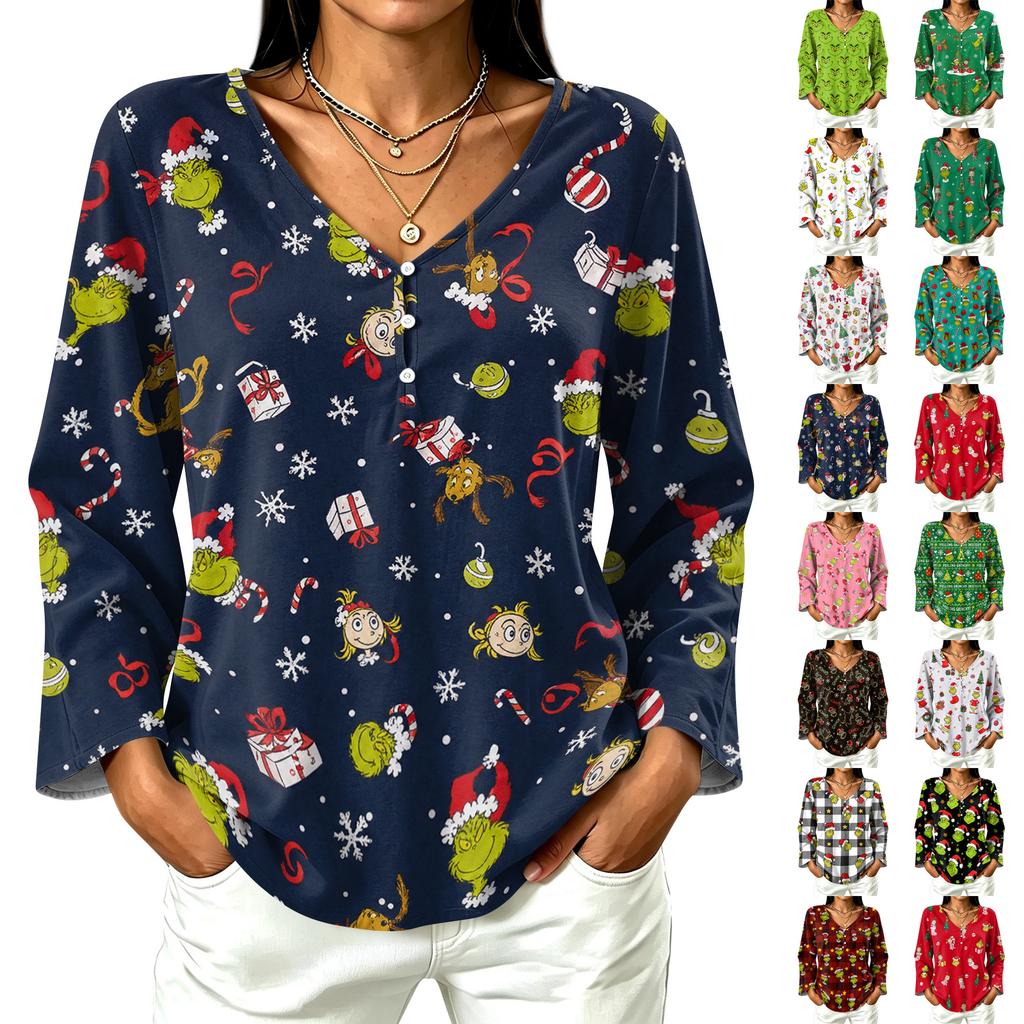 Women's Casual V-Neck Long Sleeve T-Shirt with Festive Christmas Graphic Print