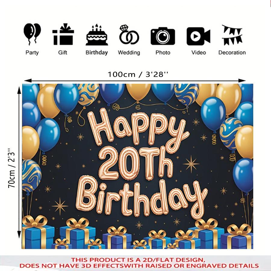 1pc 2D 20th Birthday Theme Banner Black Gold Balloons Gift Box Pattern Decorative Banner For Living Room Bedroom Garden Scene Decor Clear