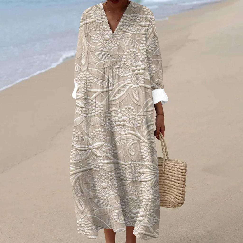 Women's Casual Fashion V-Neck Long Sleeve Textured Print Maxi Dress