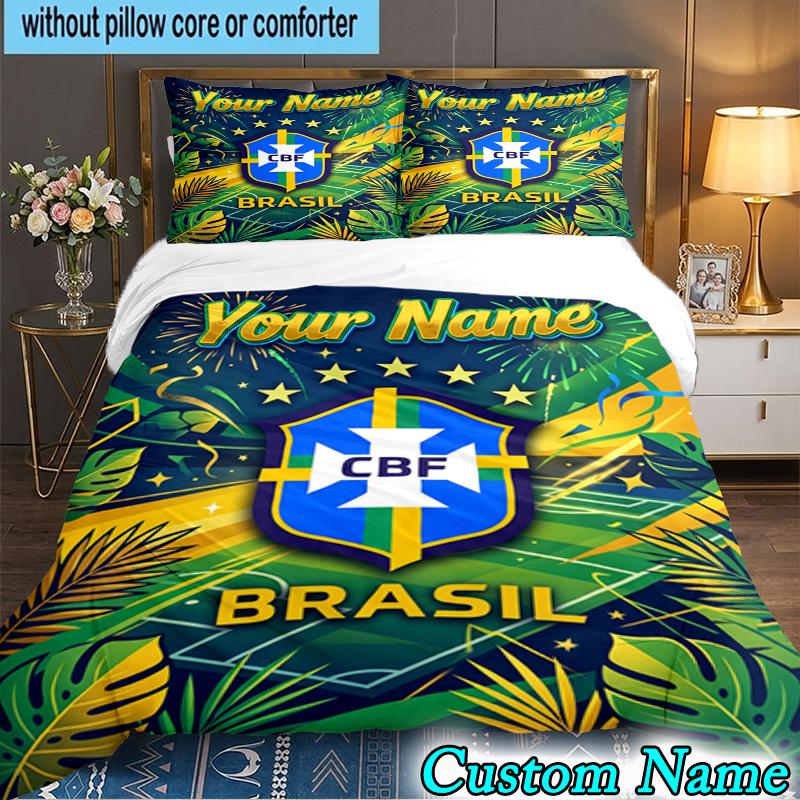 Custom Name Brazi Football Team 3PCS Bedding Set For Bedroom Dormitory,Including 1pc Duvet Cover And 2pcs Pillowcases Large size Fan gift