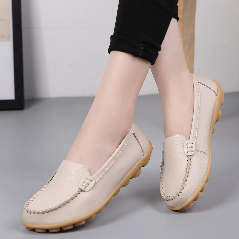 Genuine Leather Shoes Woman Soft Boat Shoes for Women Flats Shoes Big Size Ladies Loafers Non-Slip Sturdy Sole