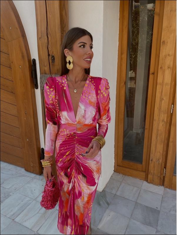 2025 Spring European & American Women's V-neck Print Pleated Dress
