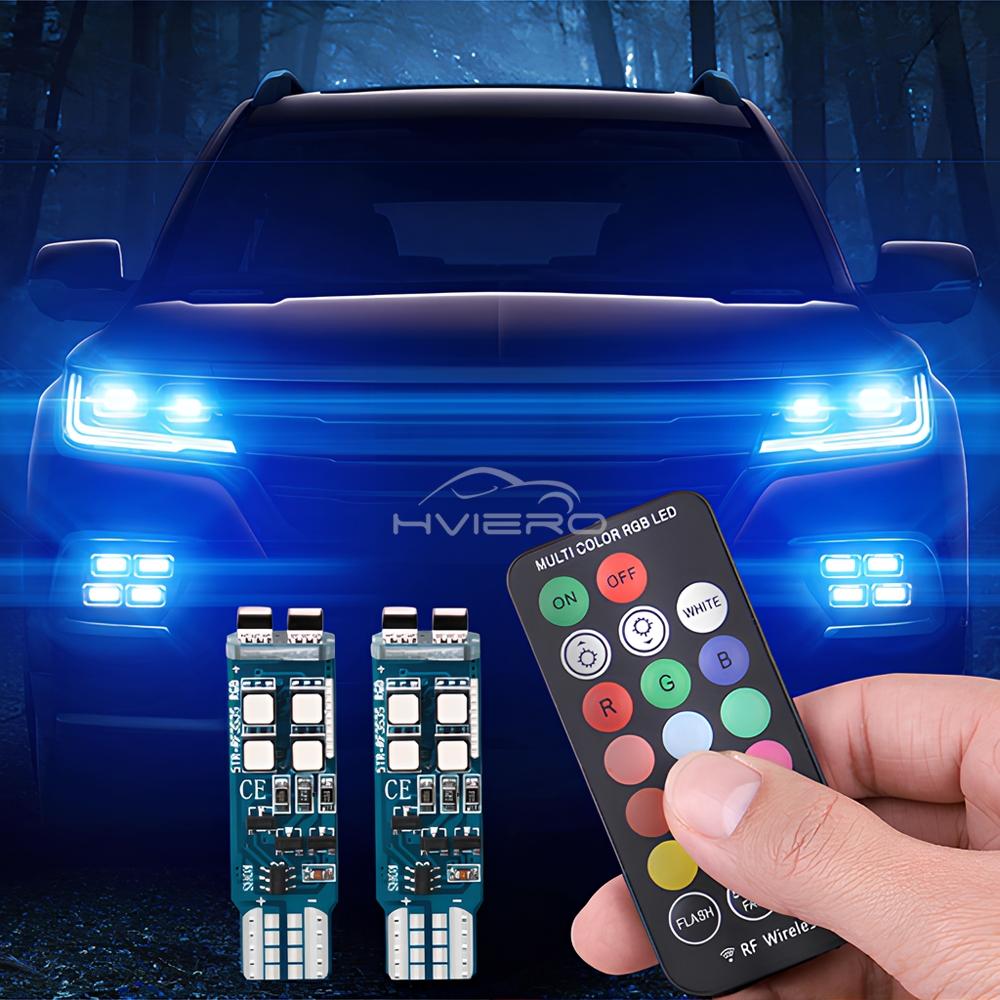2pcs T10 W5W Remote Control RGB Led Bulb 12V Reading Car Parking Day Lamps License Plates Lamp Dome Turn Signal Clearance Light