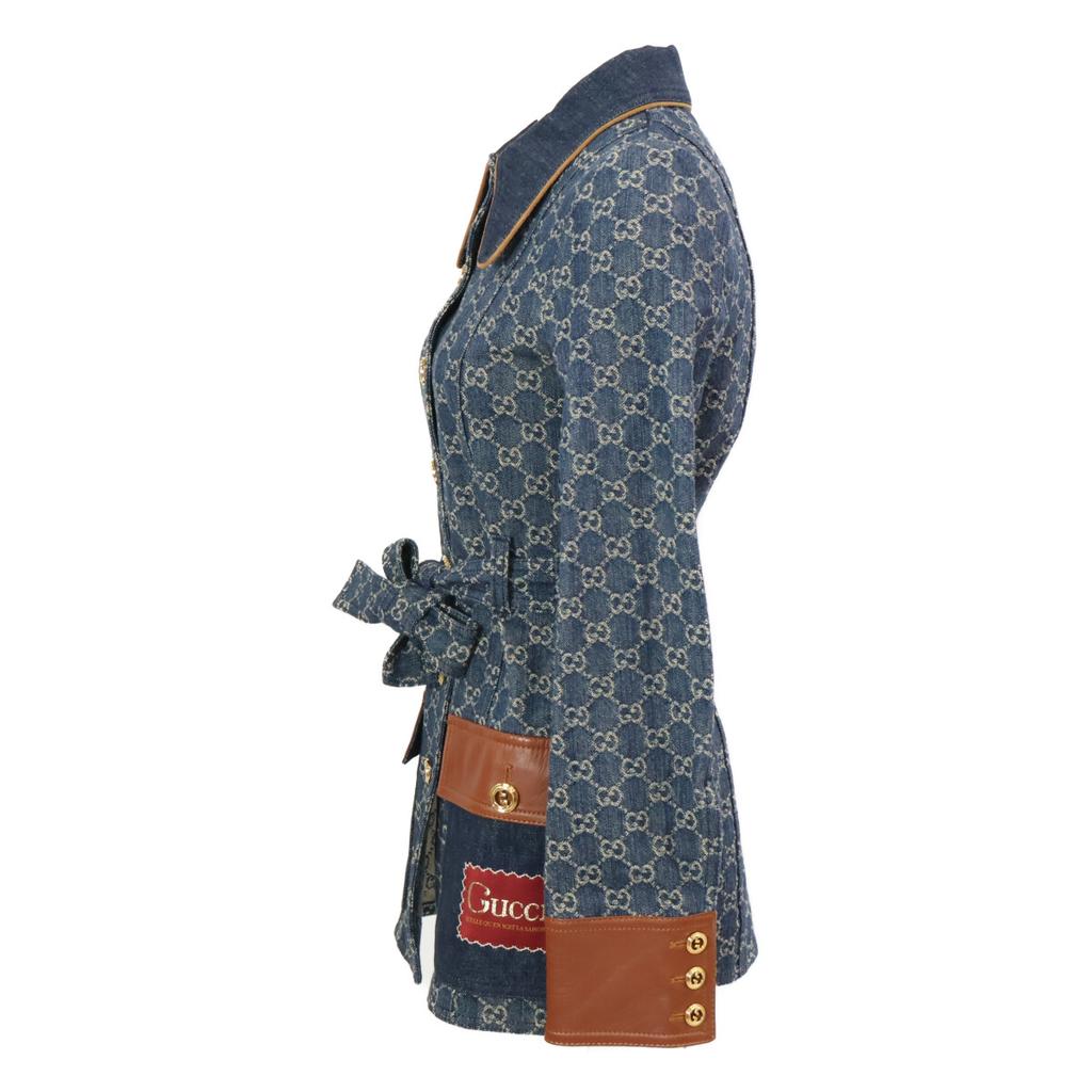 Gucci Domestic Regular 652658 GG Denim Leather Switch Square Patch Belted Jacket 34 IndigoUsed