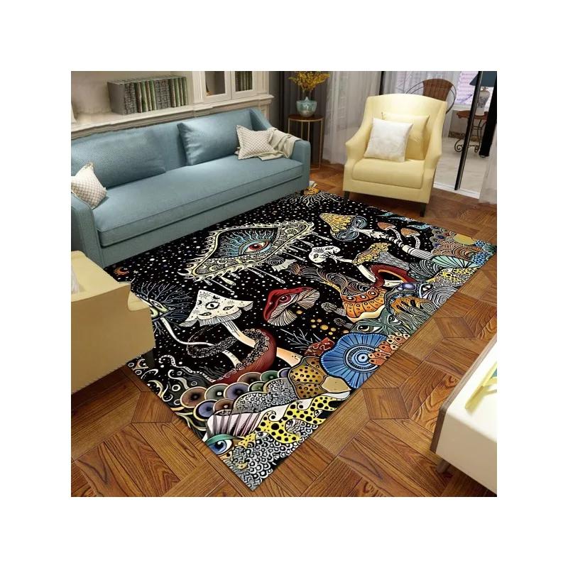 Sun & Moon INS Skull Mushroom Bohemian Style Pattern Carpet Modern Thick Elastic Living Room Rug, Non-Slip Rug Kitchen Doormat