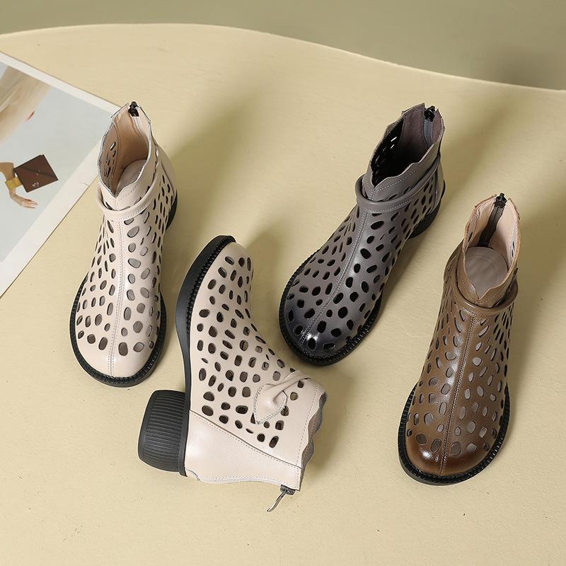 Mode GKTINOO 2025 Sommer Stiefeletten Echtes Leder Schuhe Damen Mittelhohe Absätze Sandalen Reißverschluss hinten Stiefel Ausgeschnitten Atmungsaktiv Mujer Zapatos