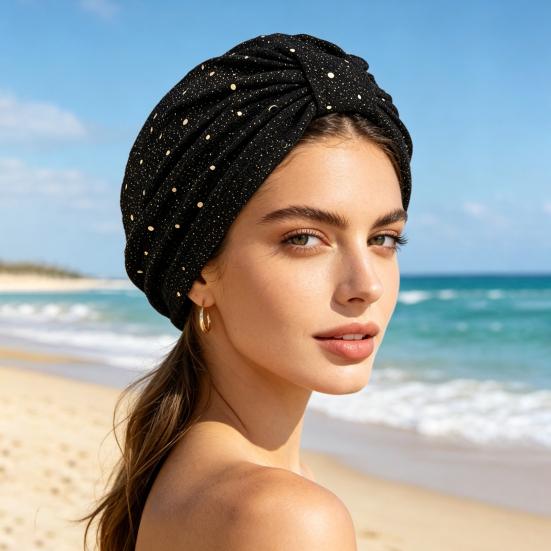 Turban Hat for Women, Sequined Crepe Fabric Headwrap, Ethnic Style Knotted Front Headwrap for All Face Shapes