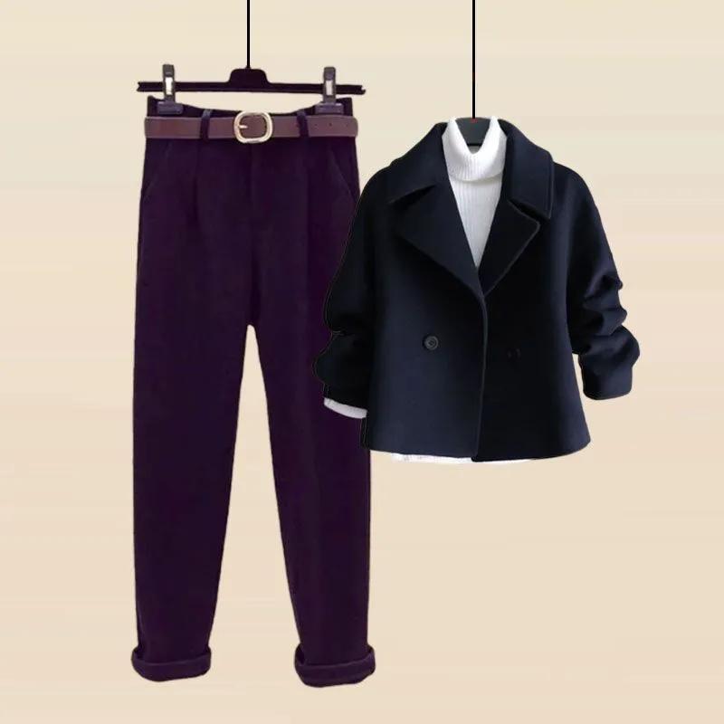Autumn and Winter Woolen Coat + Turtleneck Sweater + High Waist Harlan Woolen Pants Three-piece Fashion Suit
