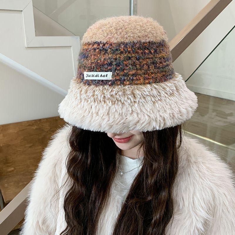 Women's Color Block Knitted Fisherman Hat - Warm, Thick, with Ear Protection & Large Brim, Perfect for Autumn/Winter.