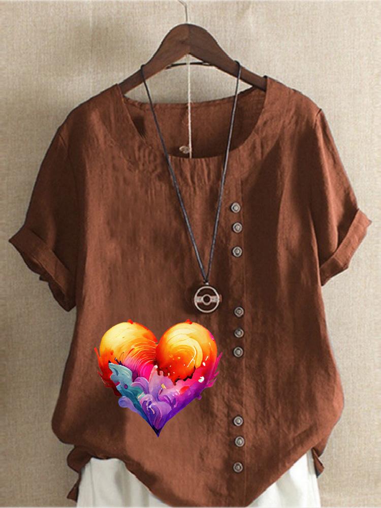 Women's Fashion Flame Love Print Round Neck Short Sleeve T-shirt Summer Casual Cotton Linen Graphic Shirt Leisure Loose Blouse Tops