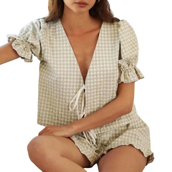 2 ks/sada Dámský top a šortky set Šněrovací mašle Dekor Puff rukáv Bohémský styl Hluboký výstřih do V Volánky Károvaný potisk Volný Elastický pas Halenka Kalhoty Set