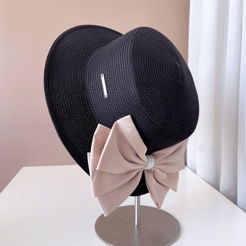 Ins Chic Summer Pearl Big Bowknot Grass Holiday Panama Lady Fedoras Cap Women Leisure Jazz Hat