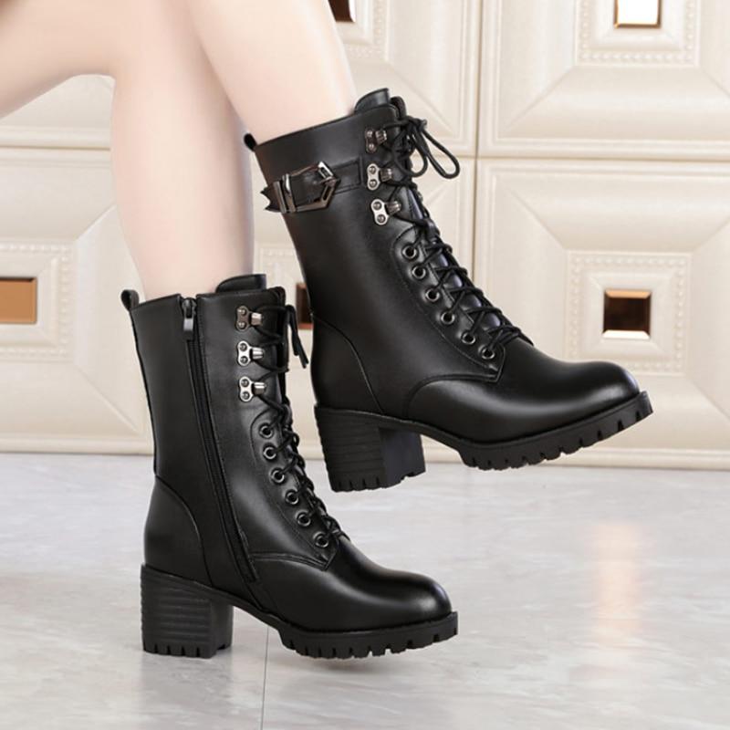 Fashion AIYUQI 2025 Genuine Leather Women Biker Boots Size 41 42 43 Lace Fashion Women Snow Boots High-heeled Thick Wool Boots