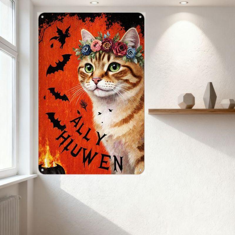Halloween Tabby Cat with Floral Crown Metal Tin Sign, Spooky Bats & Jack-o'-Lantern Wall Decor for Home Cafe Bar Party Decoratio