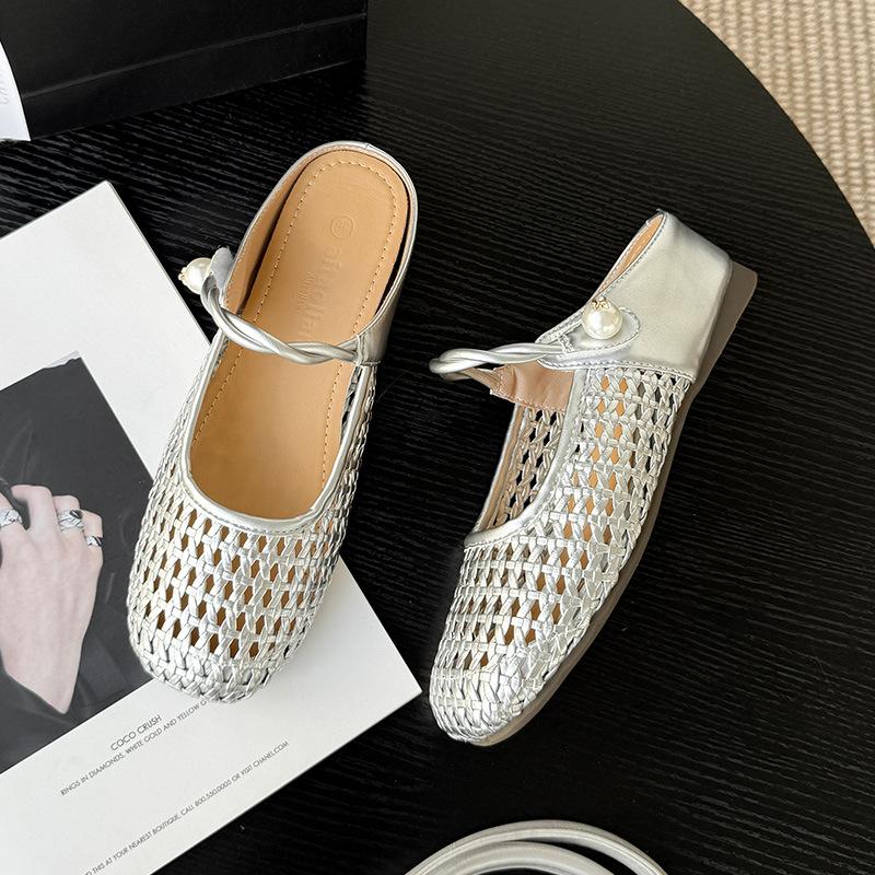 

Плетеные шлепанцы с низким каблуком и полым носком, женские летние универсальные дышащие сандалии, тонкие шлепанцы с закрытым носком 32 серебряный