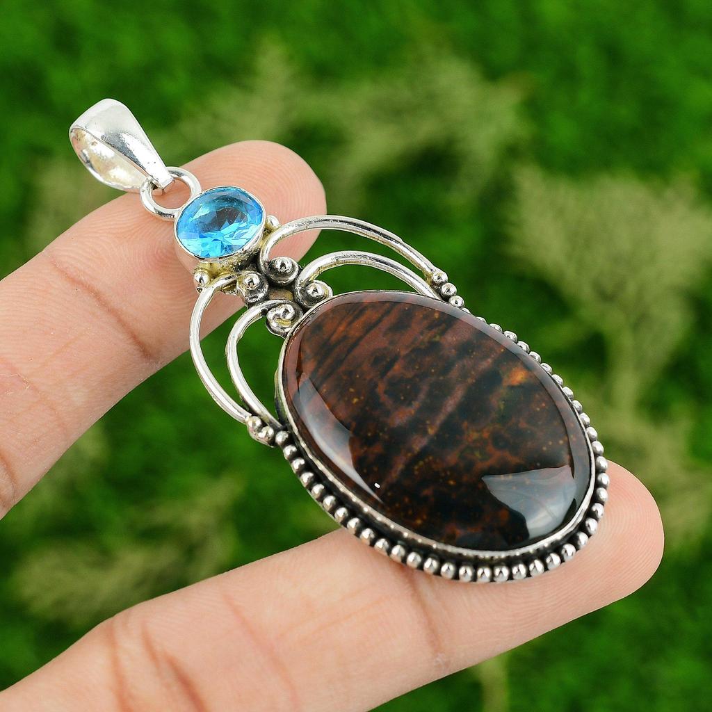 Natural Bloodstone Swiss Blue Topaz Sterling Silver Bezel Trendy Pendant Jewelry