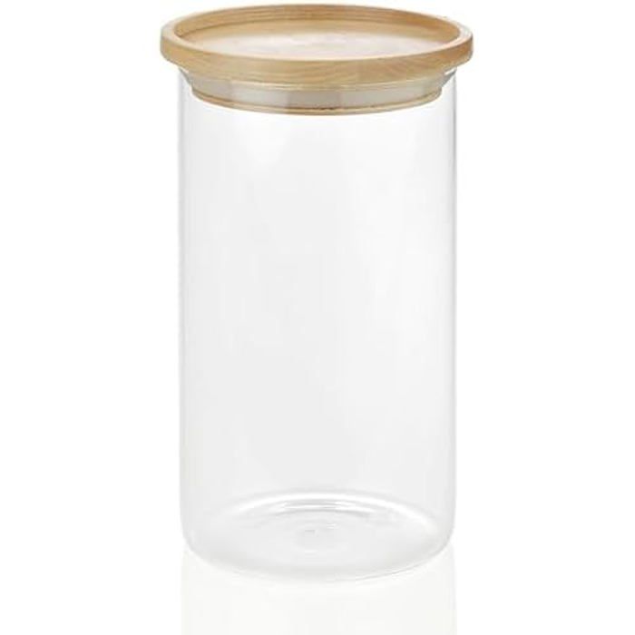 Bocal En Verre Et Bois - ANDREA HOUSE - Modèle Cc16204 - Ø9,5 Cm - Hauteur 17,5 Cm - Élégant Et Pratique