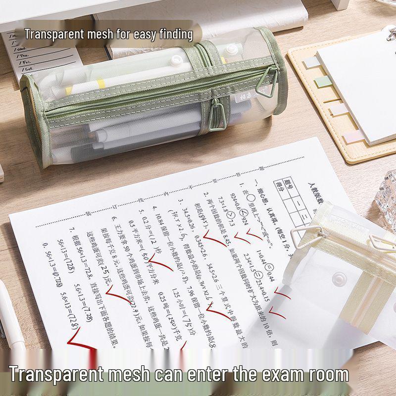 Dual-Use Transparent Mesh Pencil Case: Large Capacity, Detachable Holder for Students