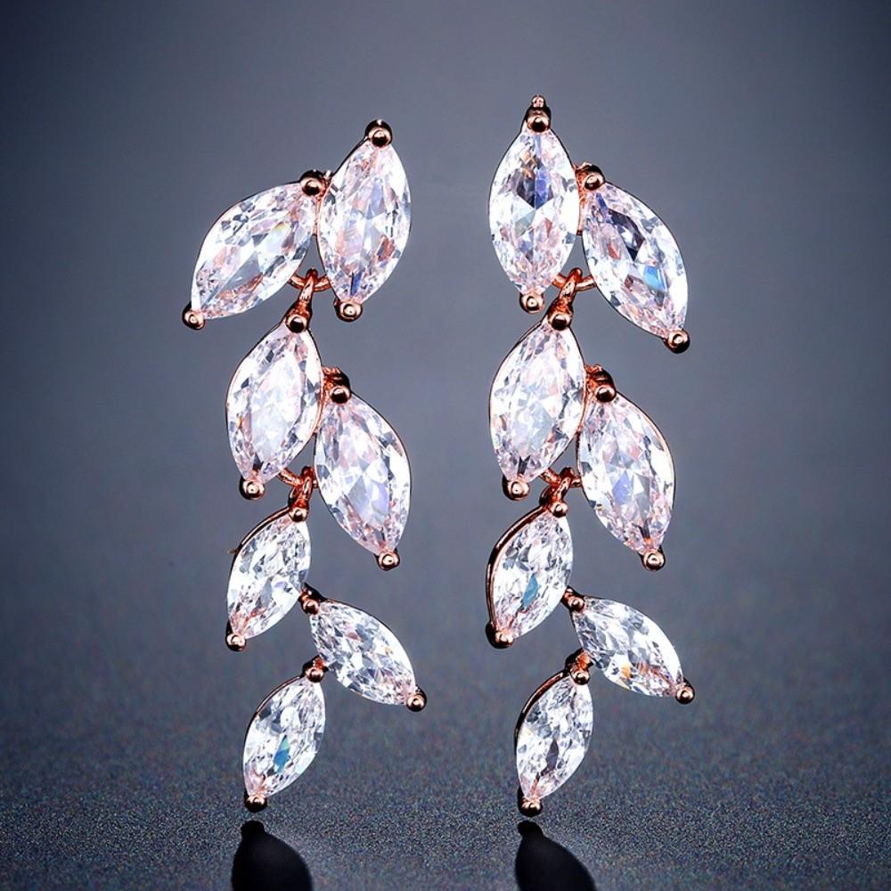 French Elegant Leaf Dangle Earrings Temperament Water Drop Shape Cubic Zirconia Earrings Leaf Shape Long Design розового золота