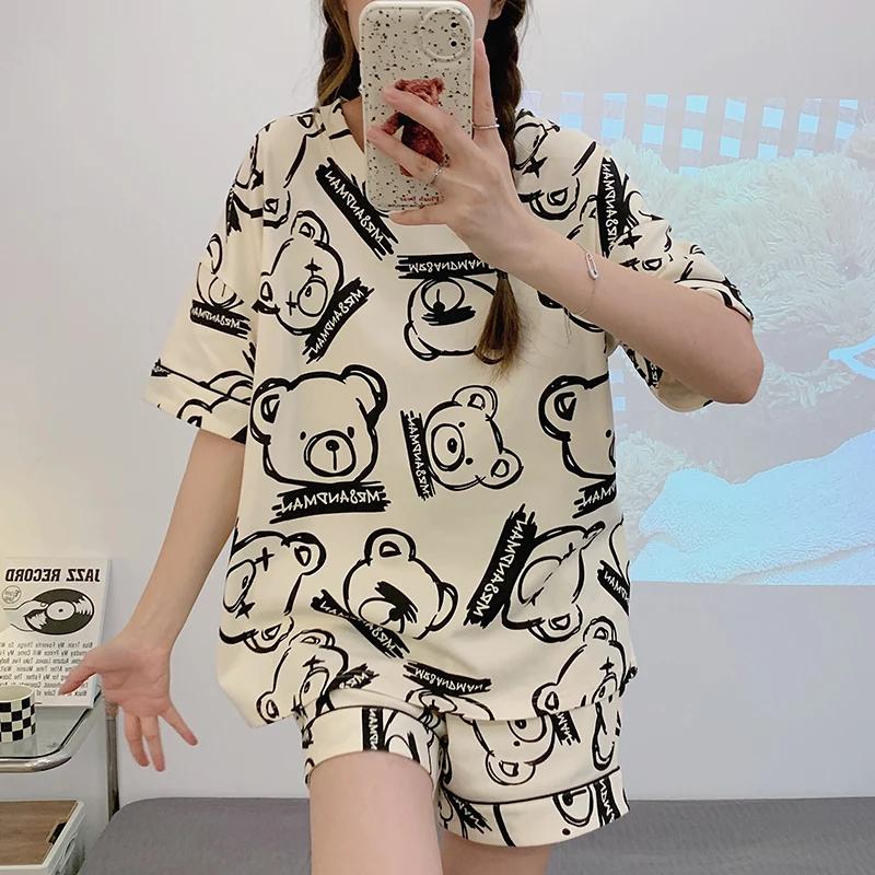 Summer Woman Pajama Cotton Cartoon Sleepwear Orange Cartoon Printing Pyjamas Set Young Lady Shorts Pullover Lingeries