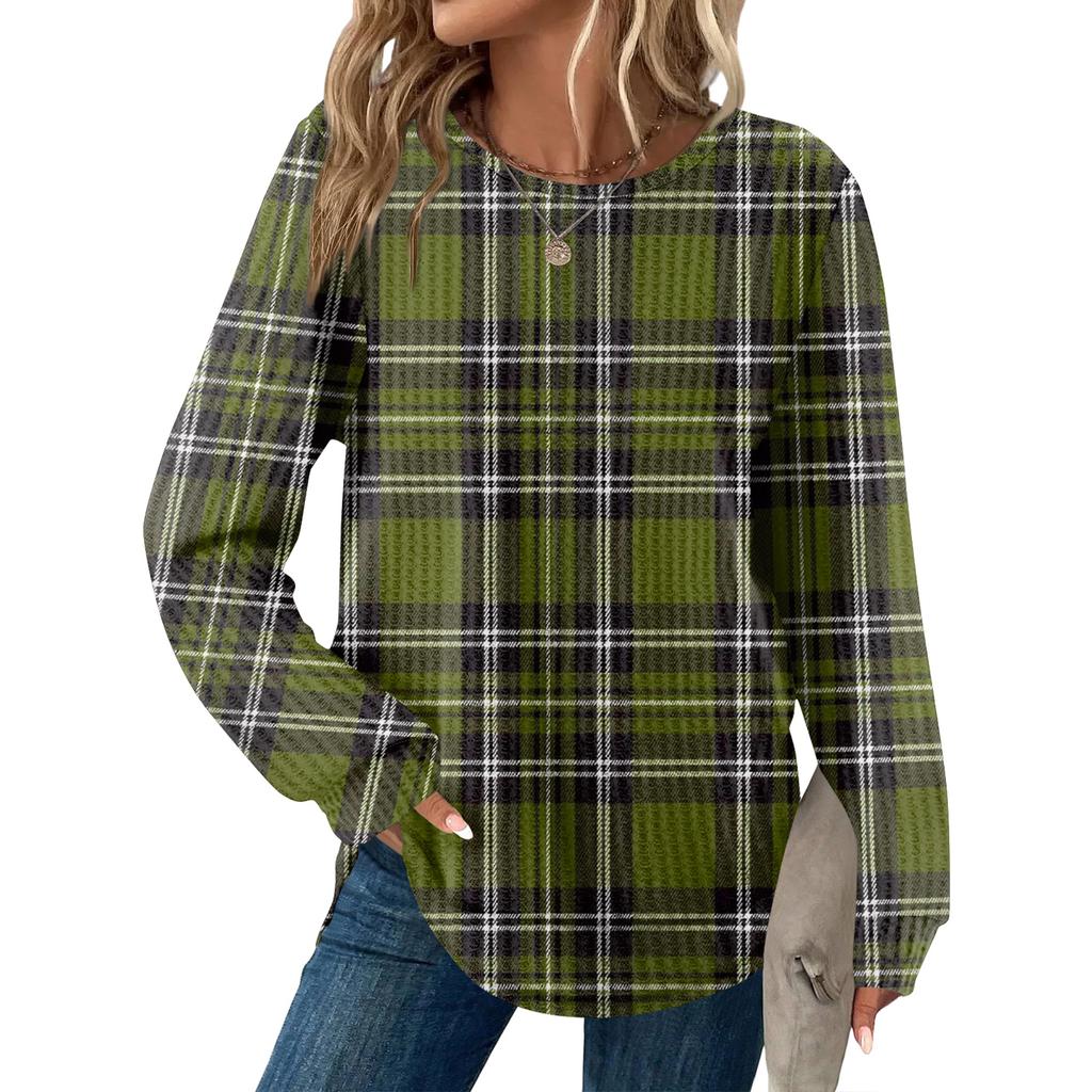 Women's Plaid Print Round Neck Long Sleeve Casual Loose Top