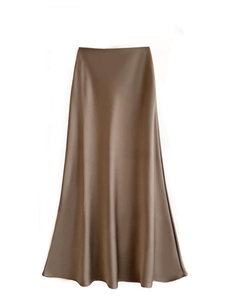 French Elegant Satin Wrap Skirt With Zipper For Womens Office And Formal Wear