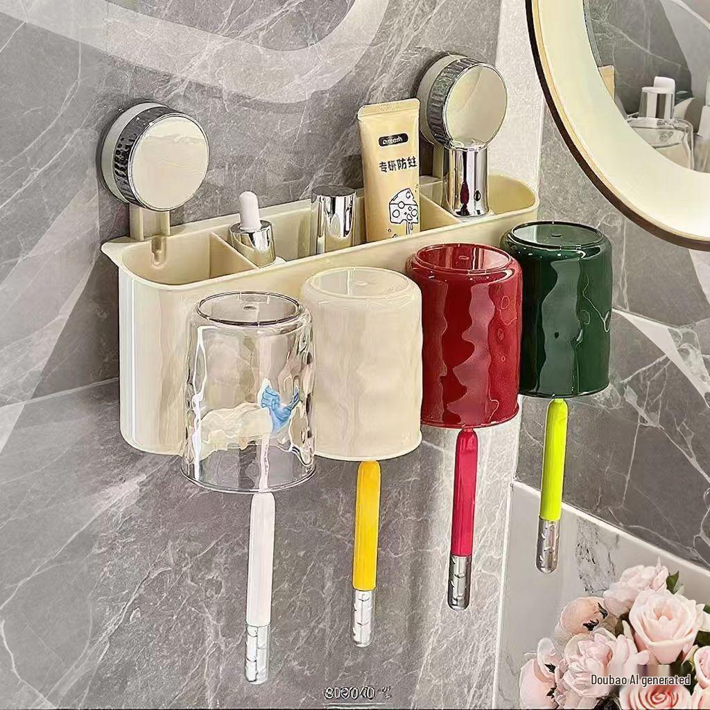No-Drill Wall-Mounted Toothbrush & Cup Holder