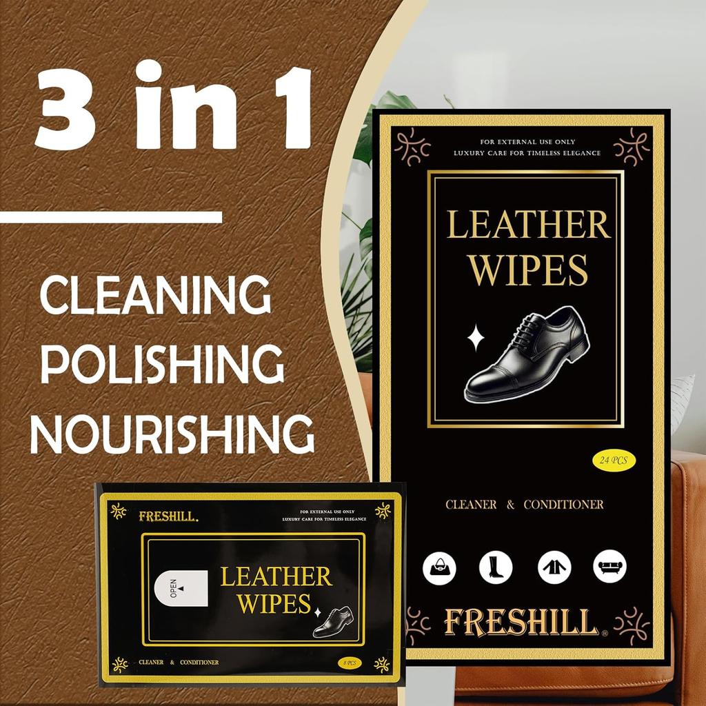 Leather Cleaner Wipes with Conditioner for Shoes, Boots, Purses,Couch,Furniture Polish & Car Interior, Prevents Fading & Cracking, Cleaning Wipes for
