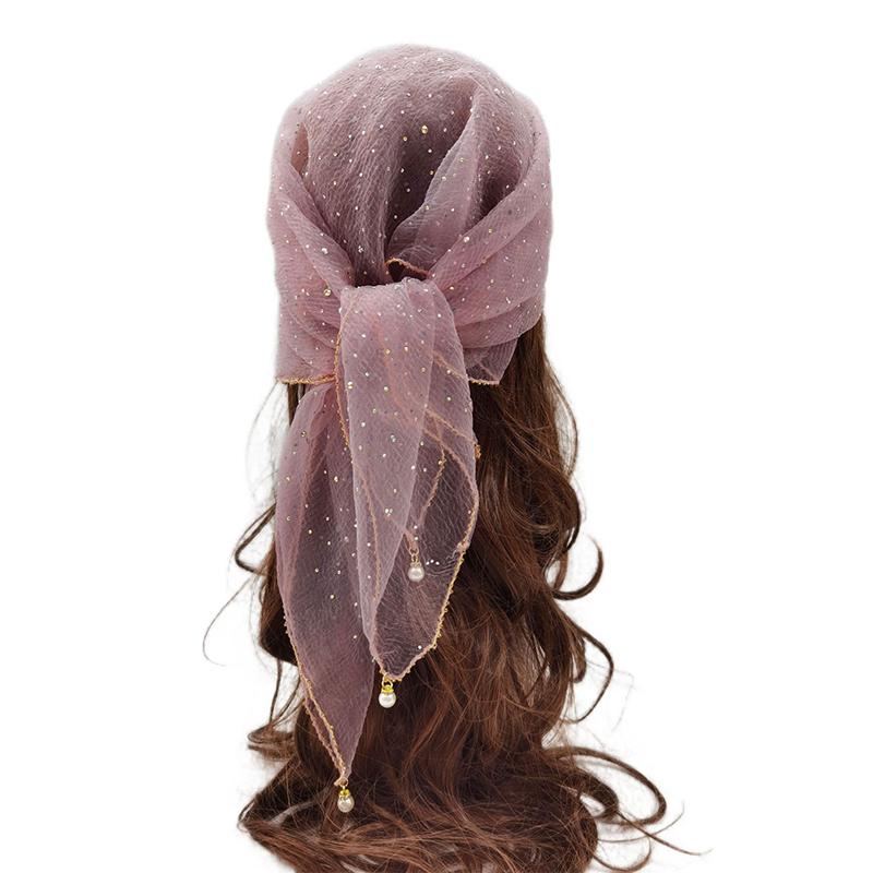 Versatile Pearl Tassel Rhinestone Square Scarf Lace Trim Hair Wrap Full Sky Star Headwrap Solid Color Breathable Fabric Scarf