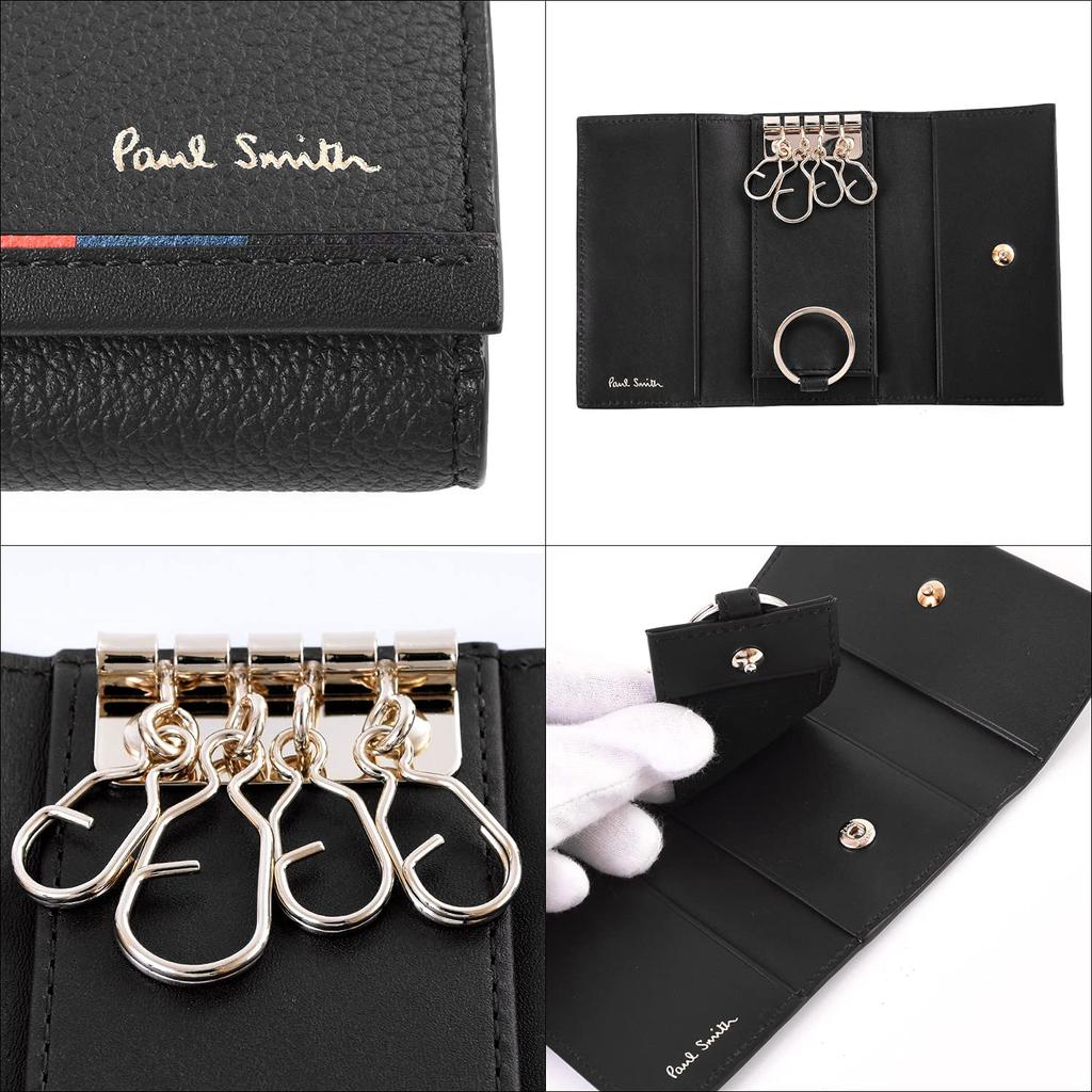 Paul Smith Layered Stripe Cowhide 883594 P173 BPS173 4-Key Case, Leather, Leather, Simple, Authentic, / (Black)