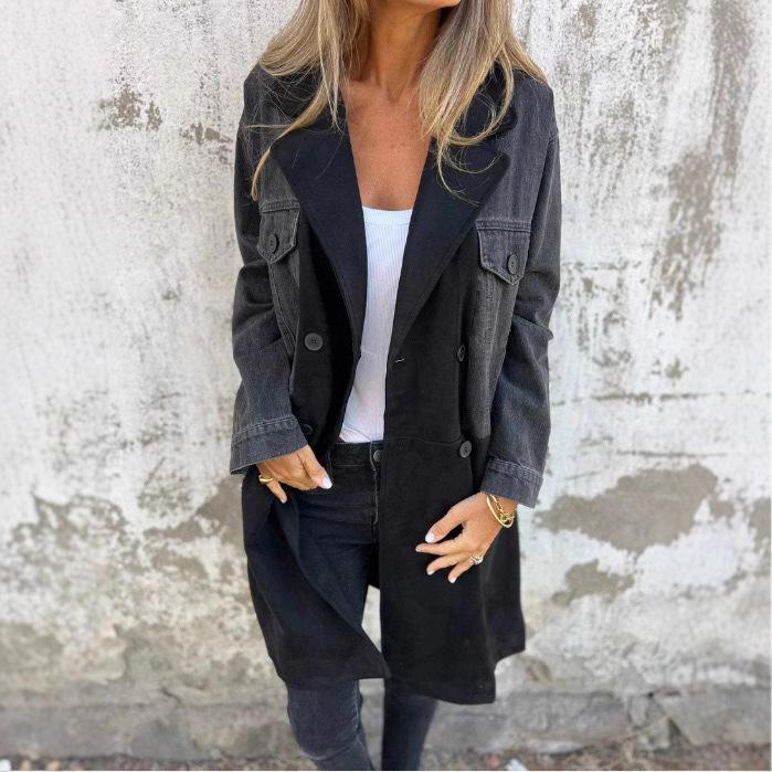 

Женское двубортное пальто средней длины из денима и замши с лоскутным дизайном 4XL чёрный