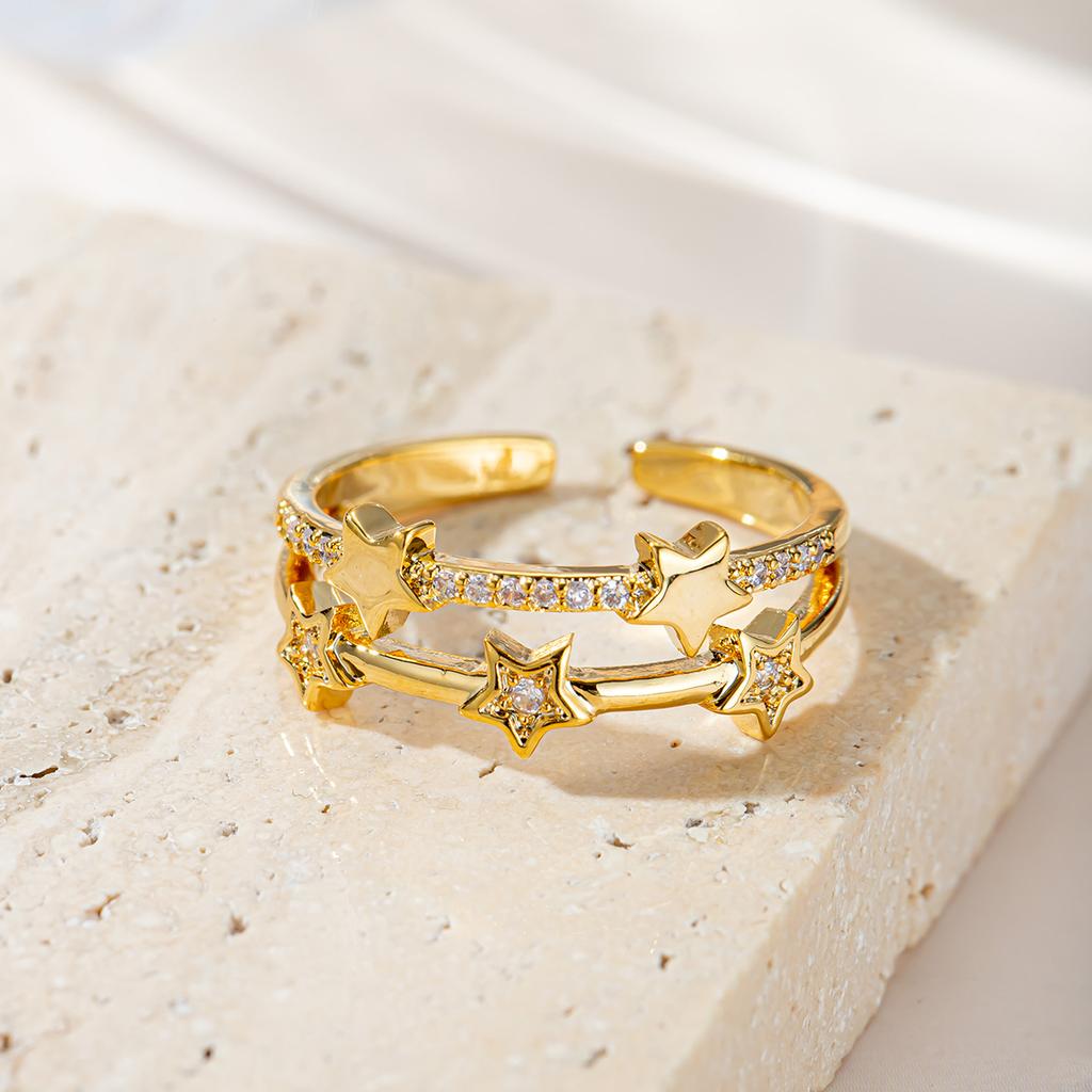 Women'S 18K Gold Plated Double Layer Star Adjustable Ring, Sparkling Cubic Zirconia & Solid Star Open Band, Hypoallergenic Nicke
