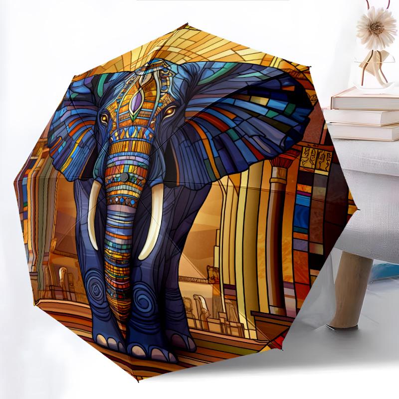 0106 Parasol automatycznie składany, wzór Słoń w oknie szklanym, przenośny i składany design, 8 żeber, prezent na Boże Narodzenie lub urodziny.