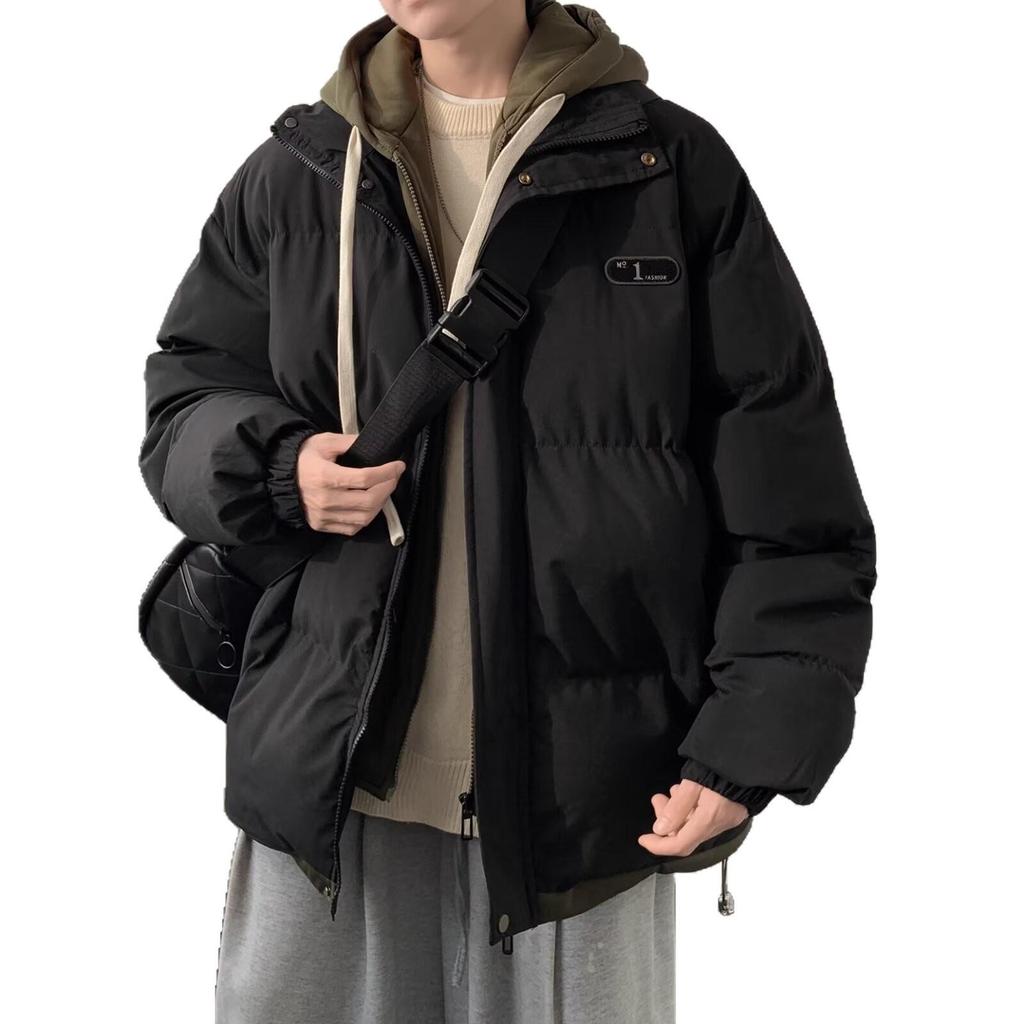 Men's Trendy American-Style Faux Two-Piece Down Coat - Winter Hooded Loose Fit for Cold Protection