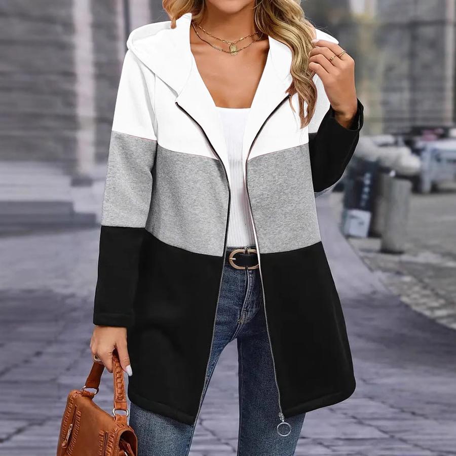 Fall Winter Women's Casual Fashion Loose Color Block Patchwork Hooded Jacket