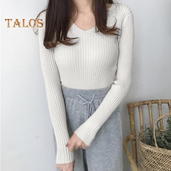 Moteriški viršūnės V formos iškirpte ilgomis rankovėmis Slim Fit megztinis megztinis Vienspalvis megztinis su rumbuota apačia Elastingas trikotažas