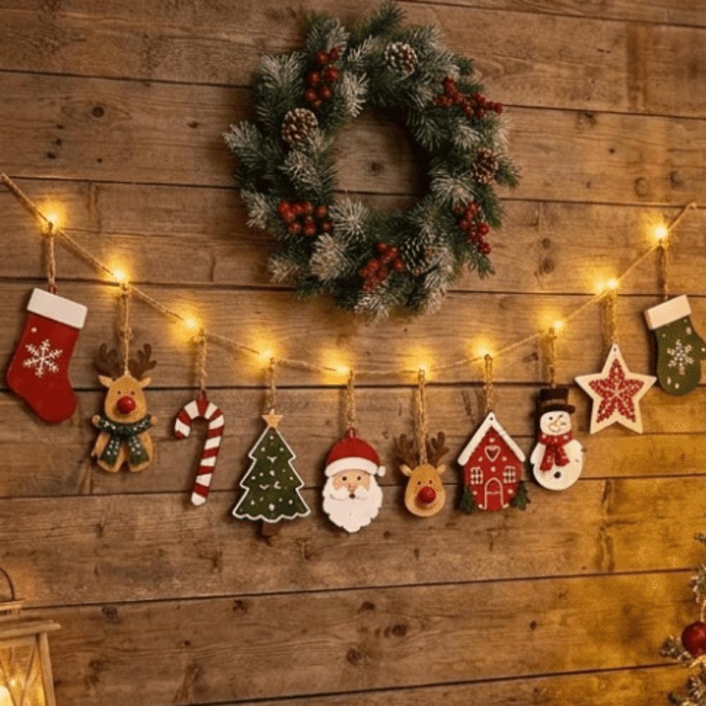 10Pcs Candy Cane Wooden Pendants Santa Claus Wall Party Holiday Decorations Xmas Tree Decor