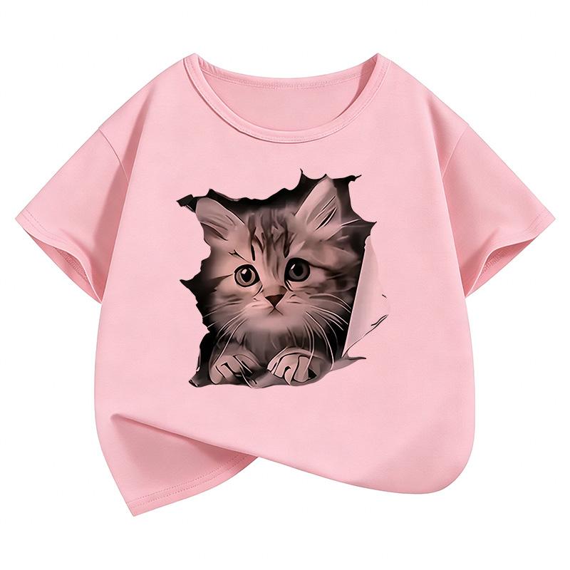 

Cute Cat Graphic Kids Tshirts Summer Short Sleeve Tees Cartoon Animal Boys Girls Clothes I Kitten TopsChildren T-shirt 100cm розовый