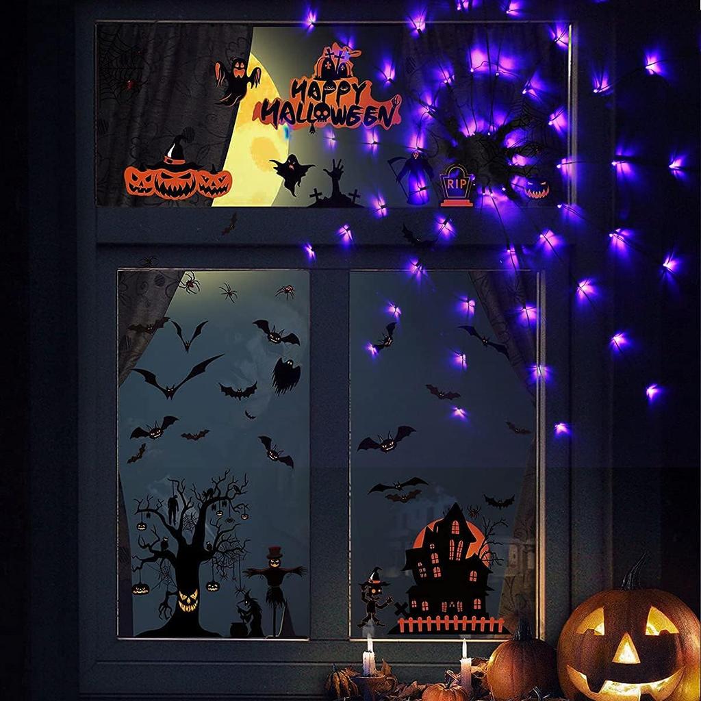 96LED Battery Powered Halloween LED Spider Web Light with Remote Spiderweb Purple Lights String for Garden Halloween Party Decor
