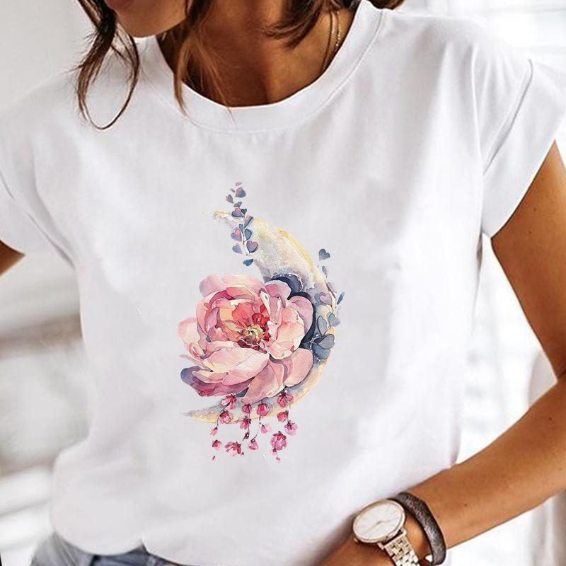 90s Cute Women Short Sleeve Flower Watercolor Trend Print Tee Top Summer Fashion T-shirt Clothing Casual Lady Female Graphic T-shirt