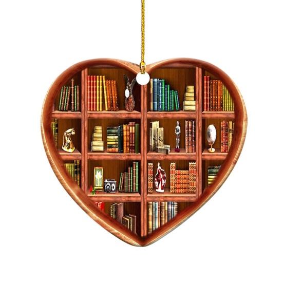 Heart Shaped Christmas Ornament Acrylic Bookshelf Xmas Tree Hanging Decorations 2D Flat Printed Book Gifts for Book Lovers