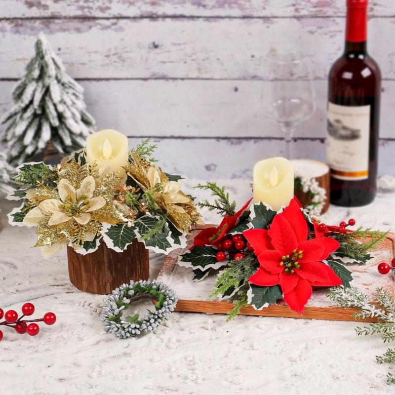 Holiday Elegant Centerpiece Flower Wreath Desktop Candle Stick Decoration For Christmas, 5Pieces Set
