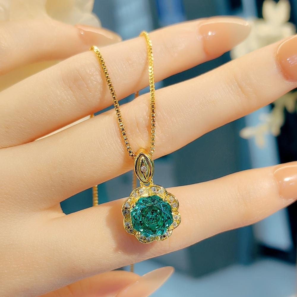 Exquisite Colorful Octagon Millennium Rose Cut Paraiba Ring Set Light Luxury High Carbon Diamond Redstone Stud Earrings Pendant