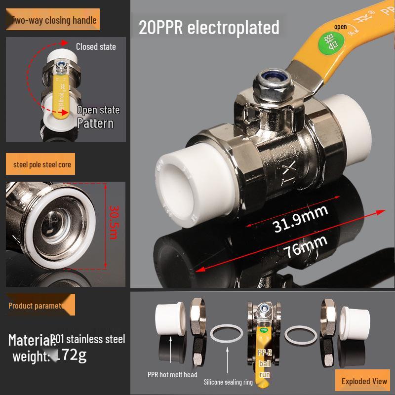4-Point Double Union 20PPR Stainless Steel Ball Valve for Household Water Pipe Fittings