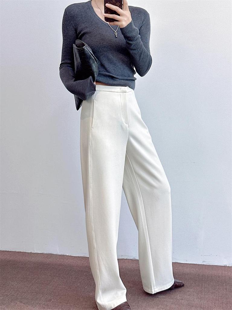 Women's Wool Blend Wide-Leg Trousers: Drapey & Hip-Covering, Suitable for Spring, Autumn, Winter