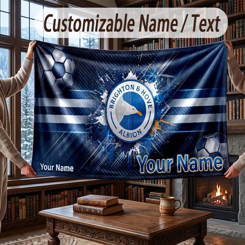 Custom Name Flannel Throw Blanket Brighton & Hove Albion Football Pattern Warm Home Decoration
