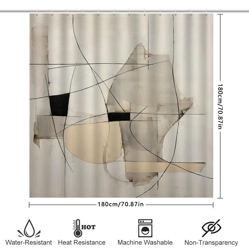 White Shower Curtain with Black Abstract Design for Bathroom Decor Modern Interior Decoration